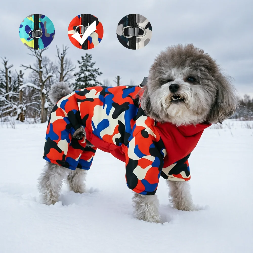Dicke Haustierjacke mit Tarnmuster, Winter-Warmmantel für kleine Hunde und Katzen, wasserdichter Chihuahua-Mops-Overall-Kostüm.