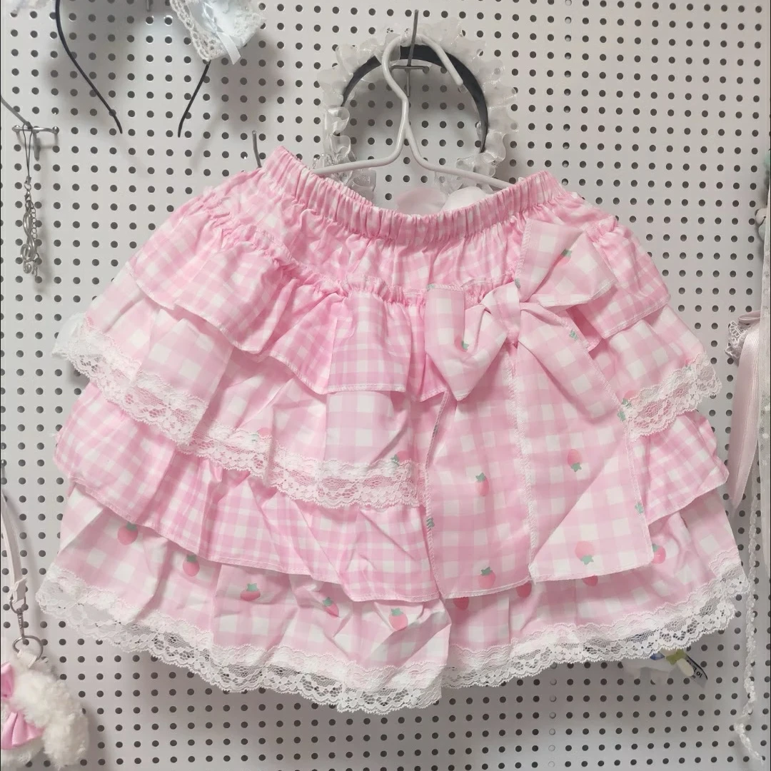 2000s Lolita Sweet Strawberry Print Ruffle Punk Cake Skirt Japanese Kawaii Y2k Mini Skirt Women Cute Bow Skirt Korean Fashion