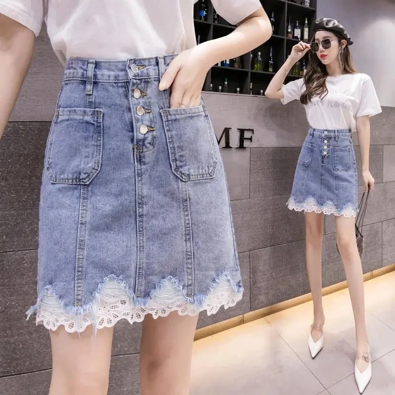 Faldas Denim Skirt Female Korean Version Of Fashion Breasted Lace Patchwork Lace High Fanny Pack Hip Skirt Ropa De Mujer Skirts