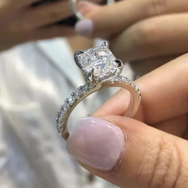 Eternal Silver Color Ring Solitaire Cushion cut 2ct Stone Simulated Diamond Zircon Wedding Rings For Women Gift Fine Jewelry