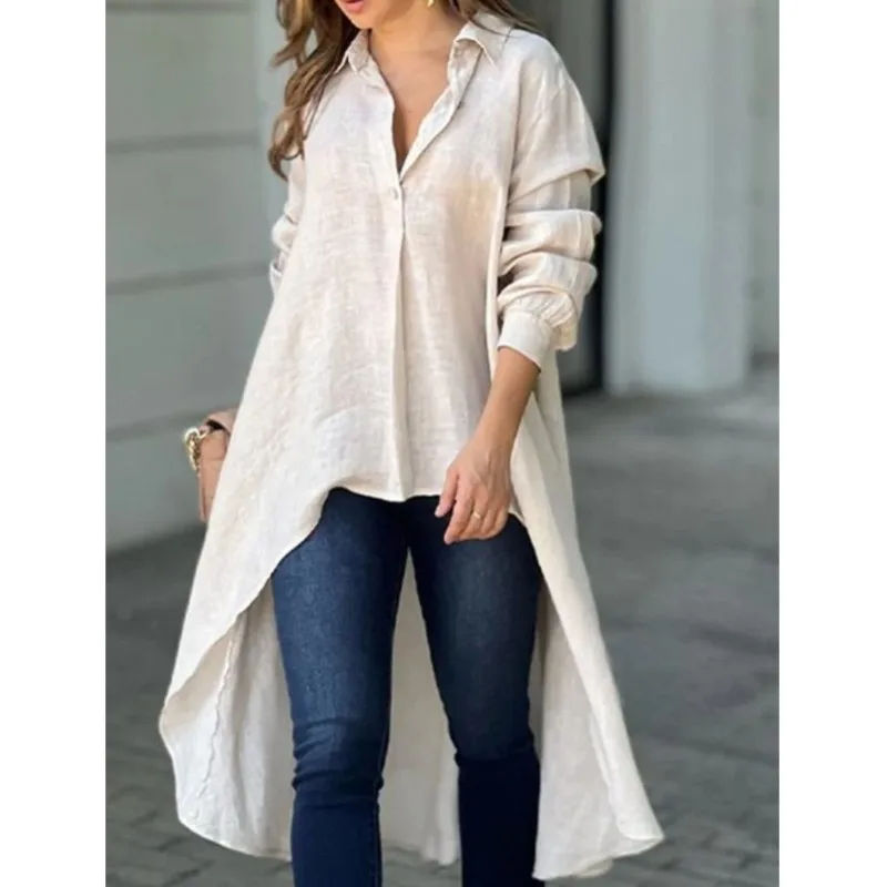 Blusas Women's Spring And Autumn Elegant Long Sleeve Fashion Solid Collar Shirt Casual White Front Short Rear Long Blouse S-3XL