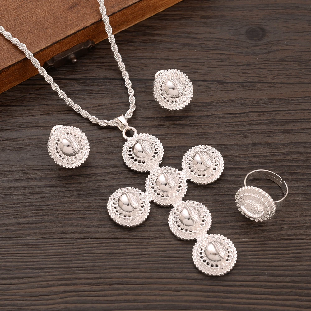 Tai Chi Pattern Silver Plated Vintage Dubai African Cross Jewelry Set Women Men Charms Necklace Earrings Wedding  Gifts