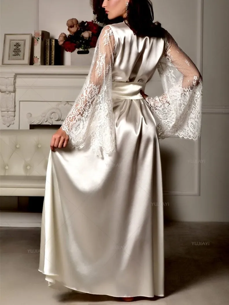 Robe Kimono Longue en Satin avec Garniture en Dentelle pour Patients, Vêtement de Nuit et Pyjama pour ixde Mariage et Photographie