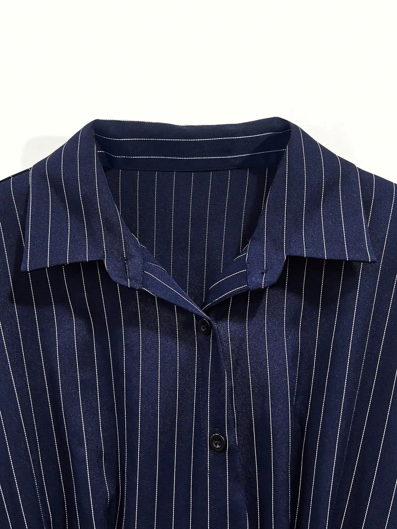 

Navy Blue Striped Long Sleeve Mid-Length Shirt Dress With Belt