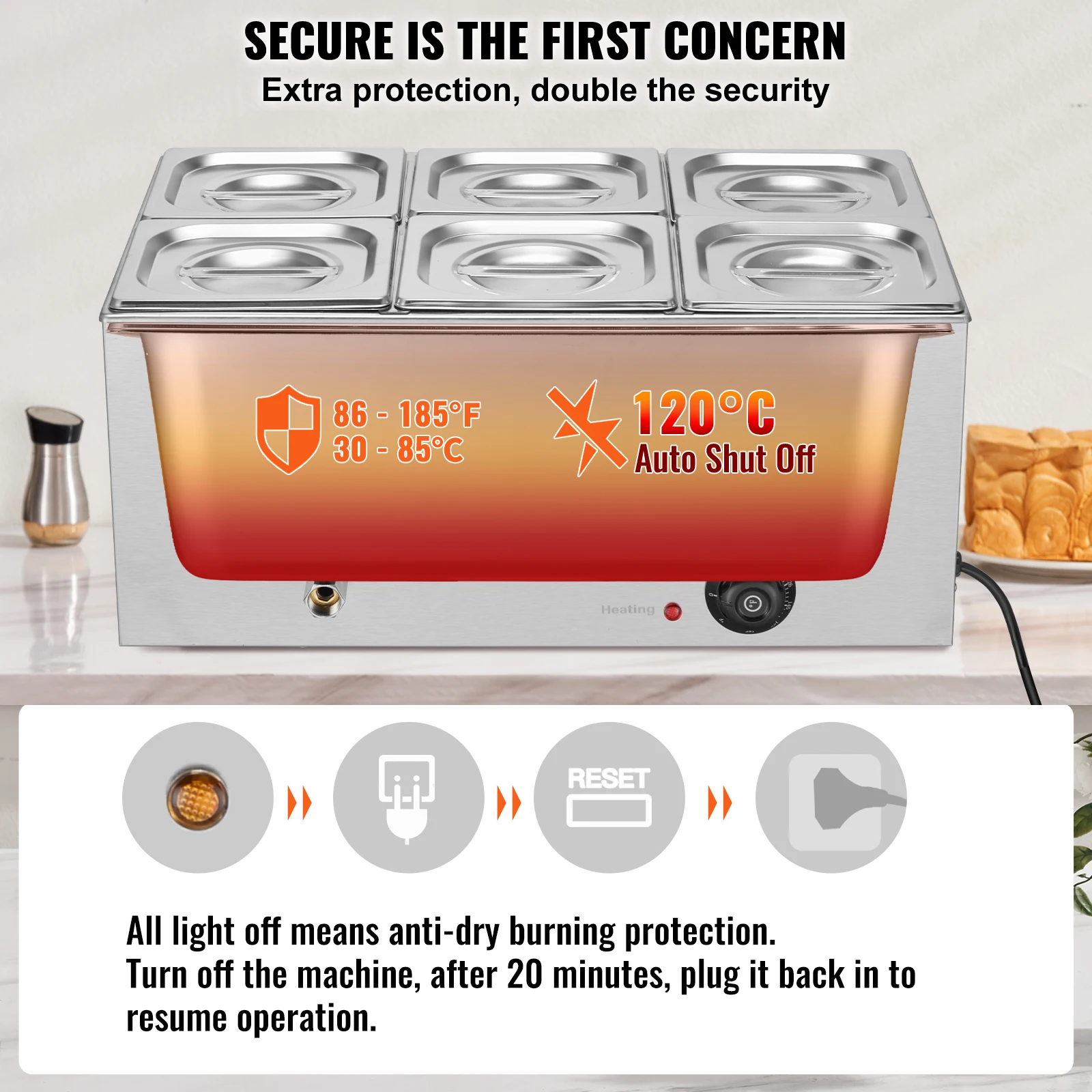 SucceBuy 24QT 6-Pan جهاز تسخين الطعام التجاري 1200 واط طاولة البخار الكهربائية المهنية كونترتوب الفولاذ المقاوم للصدأ بوفيه باين ماري