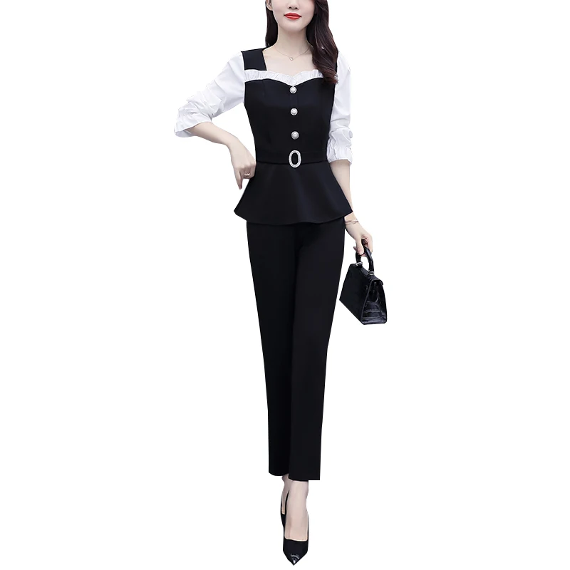 Patchwork Square Collar Women Fashion Pants Sets For Spring Autumn 2023 New Office Lady Elegant 2 Pieces Outfits Pantsuits