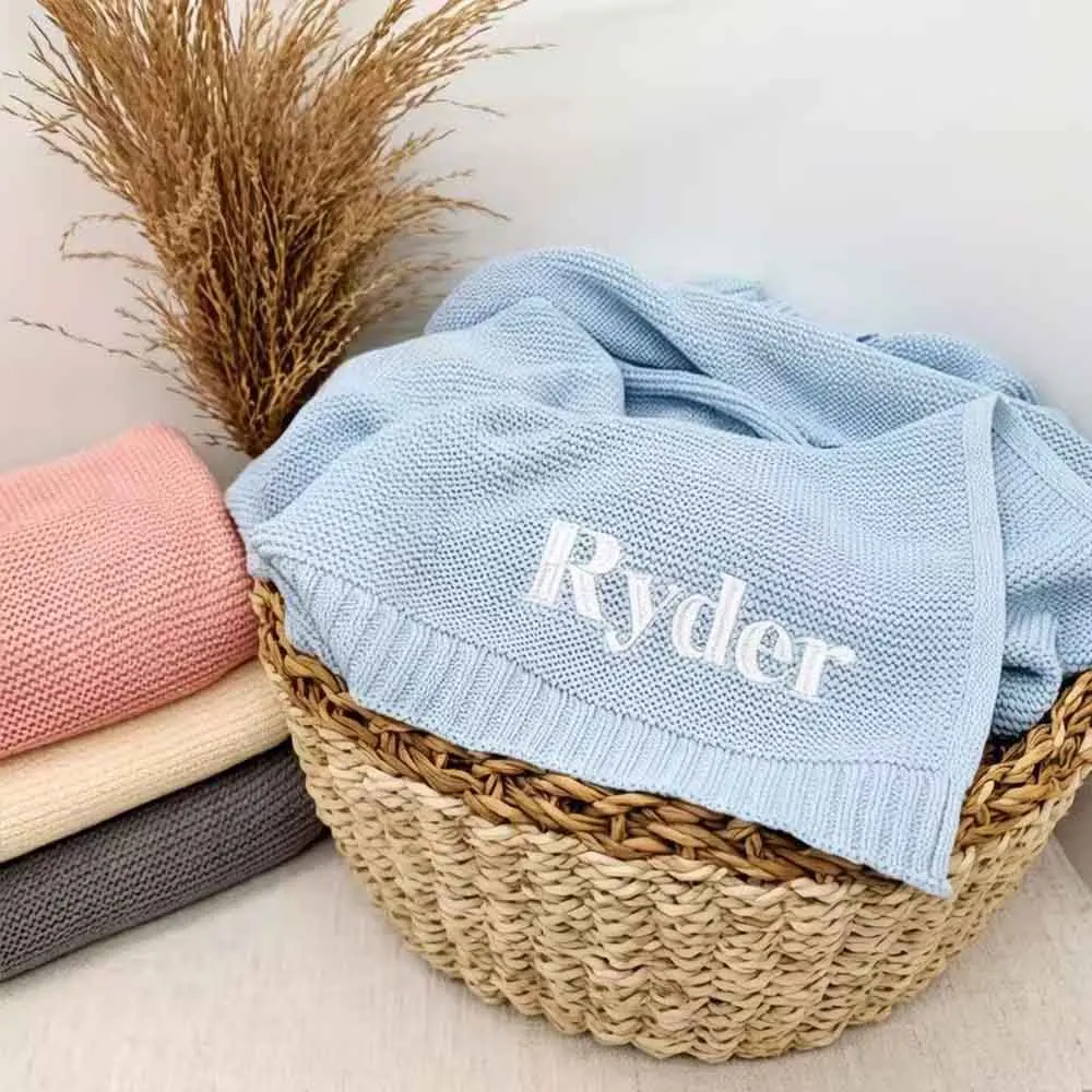 Personalized Embroidered Name Baby Blanket Soft Breathable Cotton Stroller Blanket Newborn Gift Comfortable Knitted Baby Shower