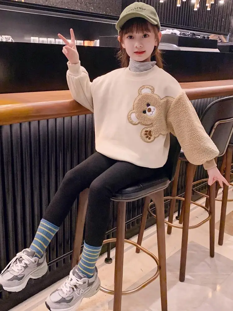 2023 autumn winter girls Sweatshirt hoodie Kids Fleece bear print teens t shirt Child plus Velvet clothes new 5 6 7 8 10 12 year