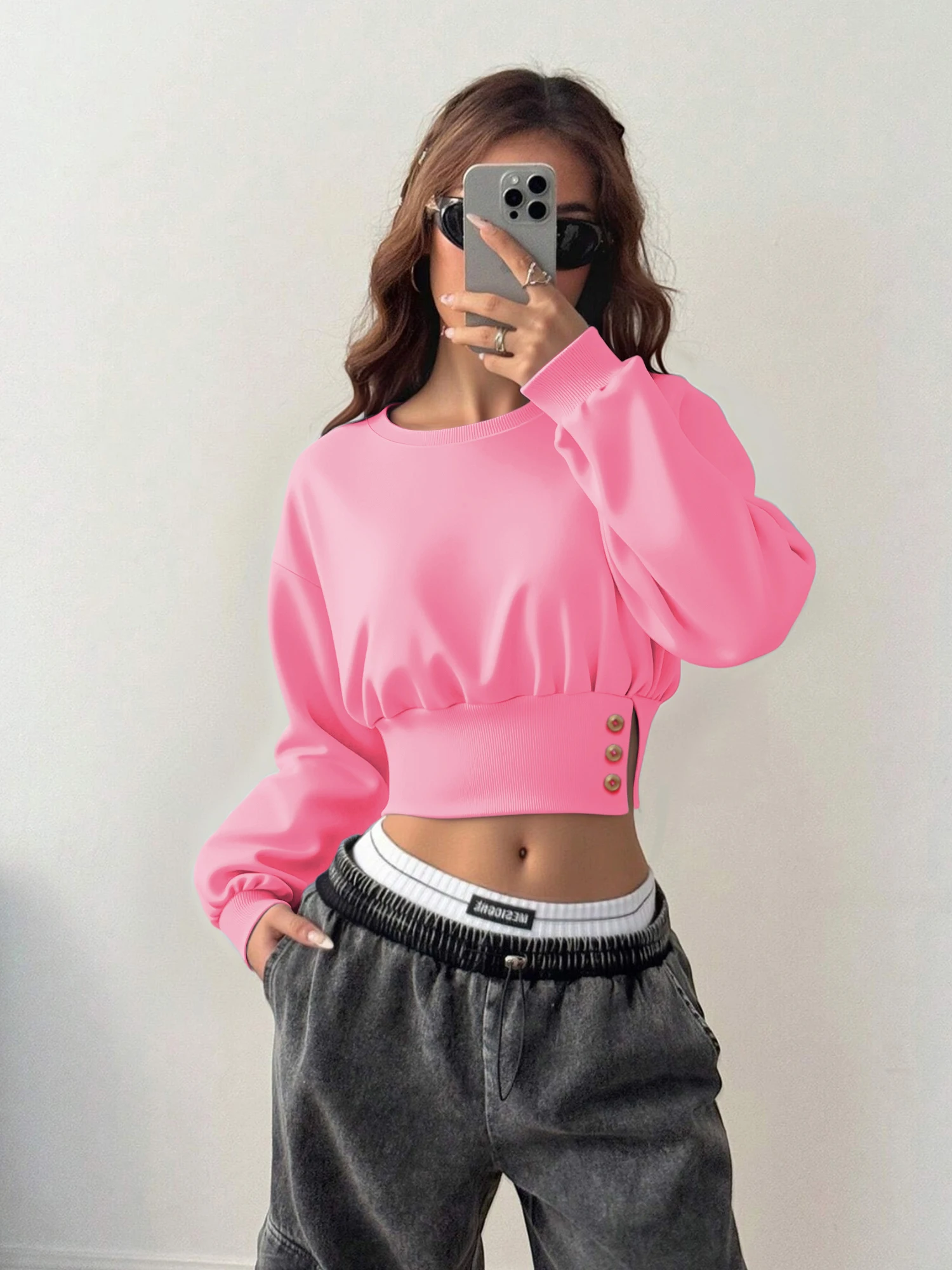 

Женский теплый повседневный свитшот с круглым вырезом, разрезом на талии, укороченный, с пышными рукавами и пуговицами по бокам