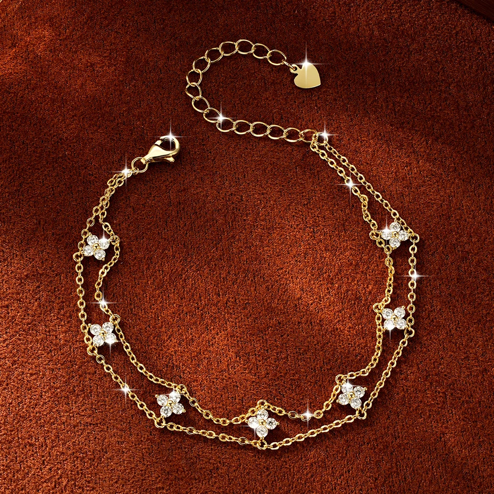 Abestecom 14K Gold Plated D Color VVS1 GRA Sparkling Moissanite Four Leaf Double Chain Bracelet Waterproof Women Jewelry Gift