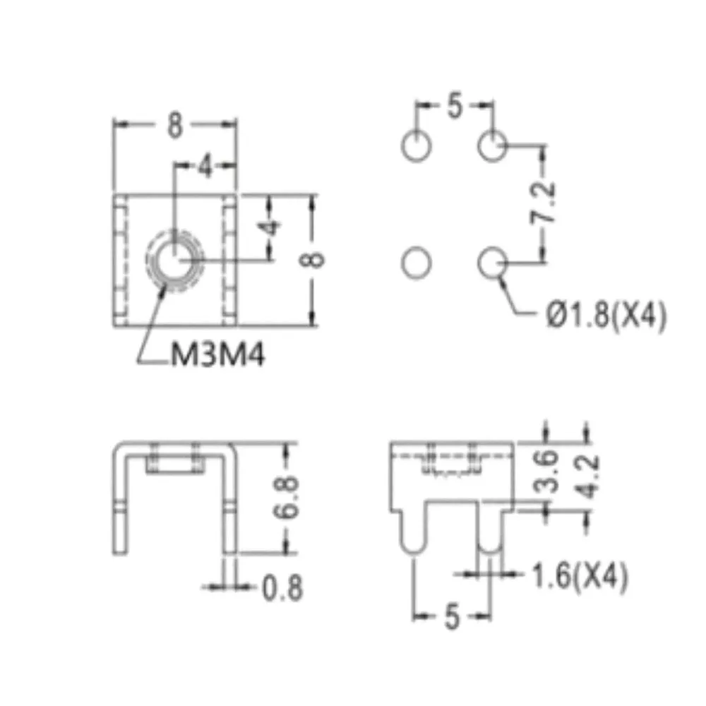 50pcs PCB Soldering Terminal Riveting Nut Welding Terminals 8*8*6.8MM M4 M3 Screw Circuit Board Hardware PCB Connector