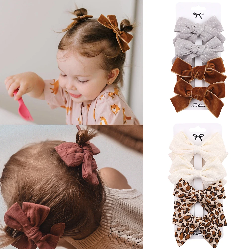 4 Teile/satz Leopard Dot Print Bowknot Haar Bogen Clips Baby Mädchen Spitze Baumwolle Leinen Barrettes Sicherheit Haarnadeln Headwear Zubehör