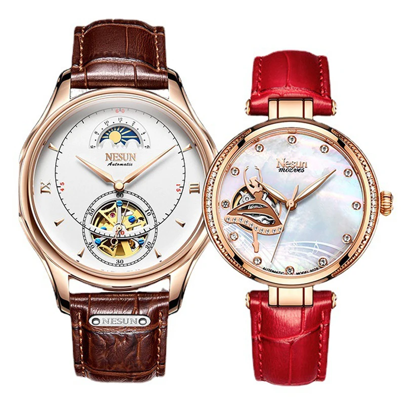 Switzerland Luxury Brand NESUN Japan Automatic Mechanical Couple's Watches Waterproof Moon Phase Diamond Skeleton Clocks 37/78