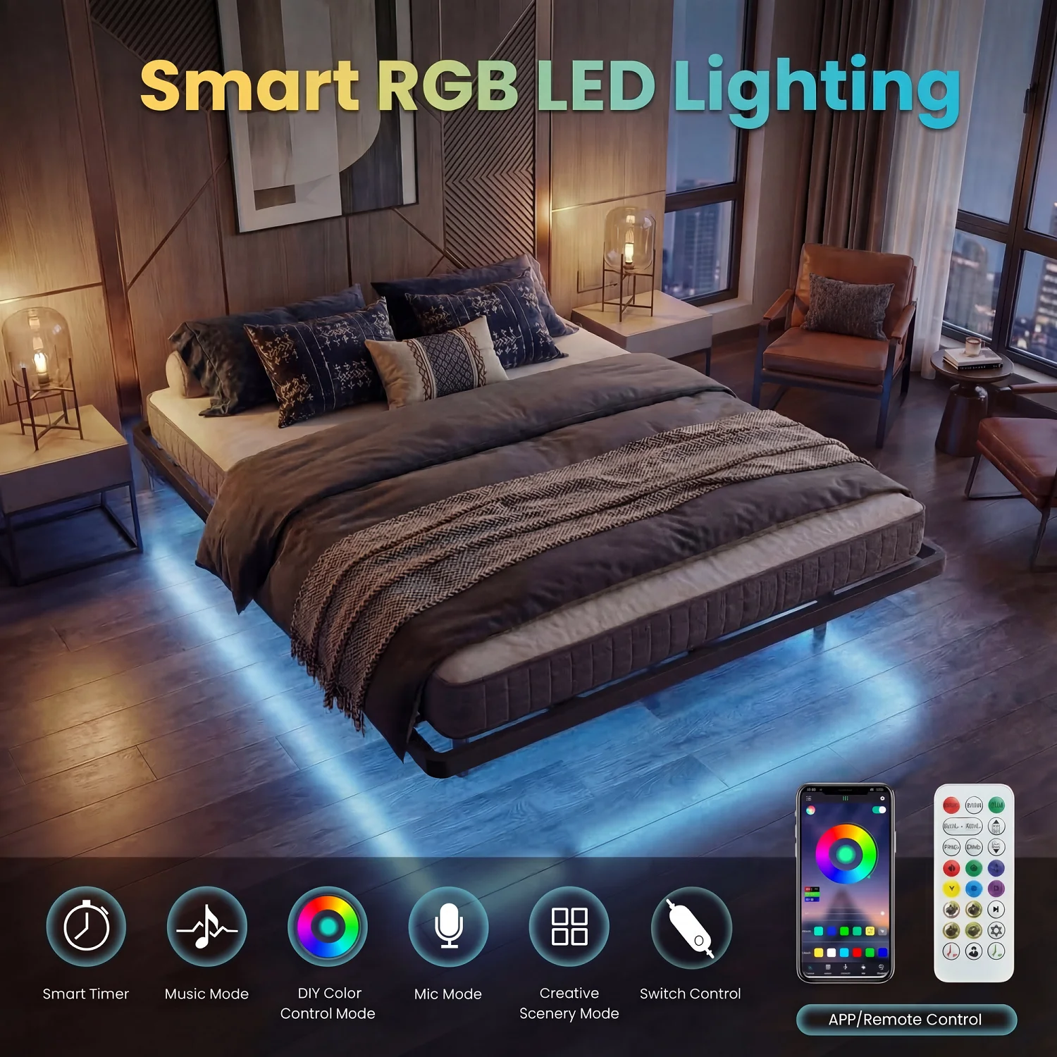 HOOMIC Twin/Full/Queen/King Size Heavy Duty Floating Bed Frame with Smart LED Lights and Charging Station, No Box Spring Needed