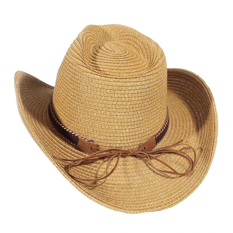 Vintage Western Wide Brim Cowboy Straw Hat for Women Men Summer Beach Sun Cowgirl Hats