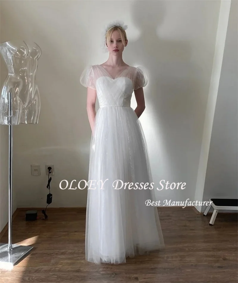 

OLOEY Simple V Neck Wedding Photo Shoot Dress Tulle Puff Sleeve Korea Bridal Gowns A line Floor Length Corset Customized