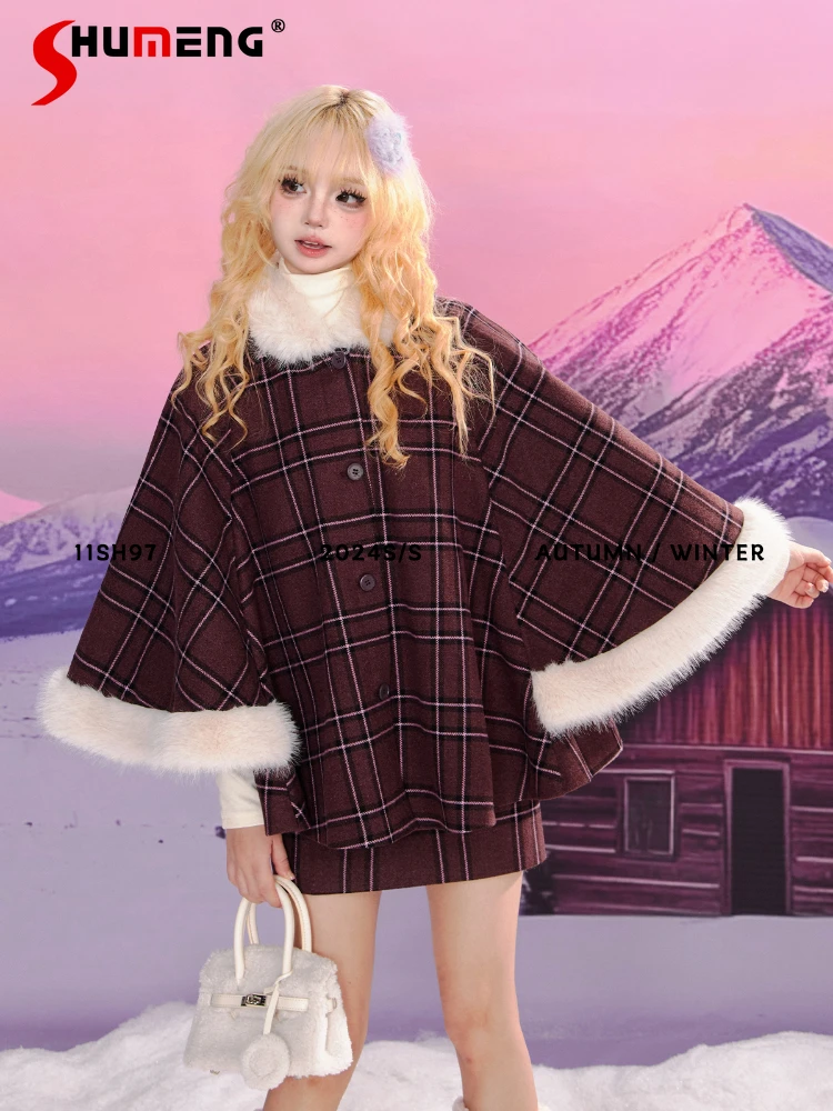 

Sweet Vintage Socialite Hooded Cloak Plush Doll Collar Single-breasted Loose Versatile Plaid Woolen Capes Jackets Women Winter