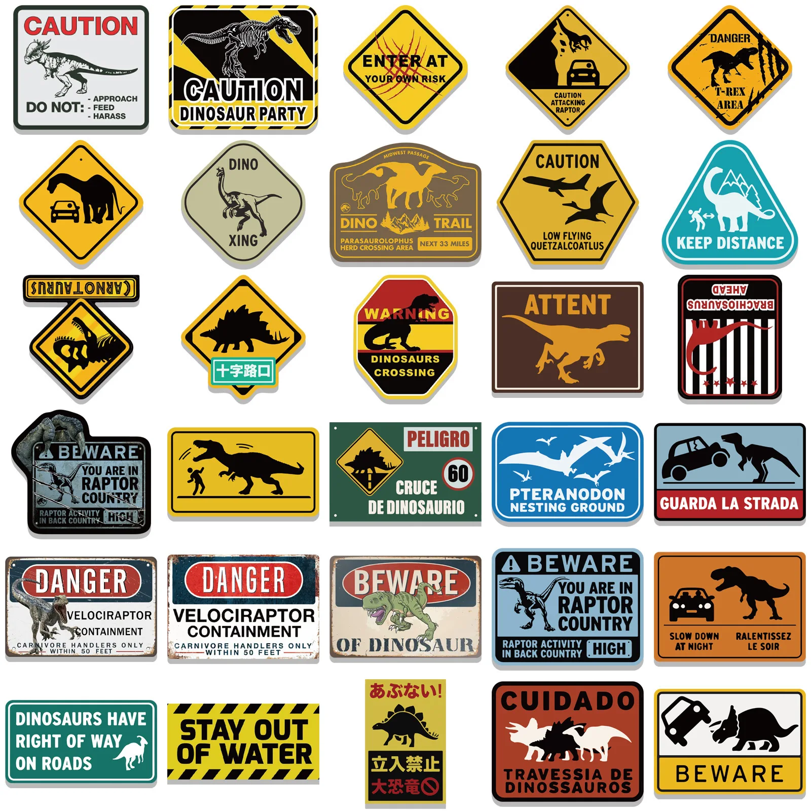 10/30/60pcs Jurassic Dinosaur Warning Stickers pericolo divieto decalcomanie fai da te Notebook frigorifero moto bagagli Car Sticker giocattolo per