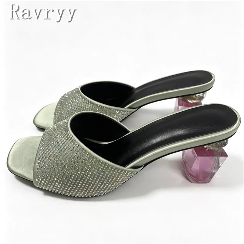 Women Luxury Satin Rhinestone Slide Sandals Square Toe Unique Transparent Crystal Perfume Bottle Heel Backless Slip On Slippers