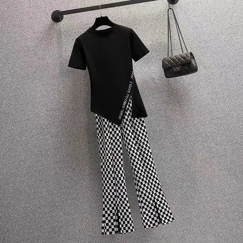 Women's Suit Spring and Summer 2023 New Age Reducing and Thin Irregular Split Short Sleeve T-shirt Wide Leg Pants Two-piece Set