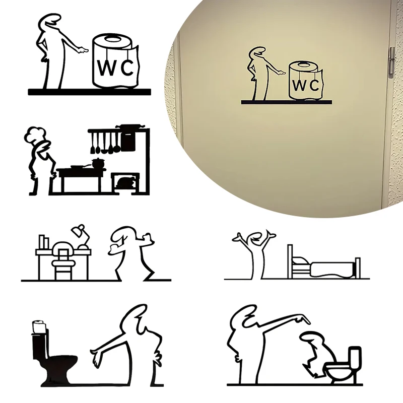 1Pc PVC Minimalist Line Art Sticker Bedroom Kitchen Bathroom Sign Door Sticker Cartoon Character Design Home Decoration-Homeclub