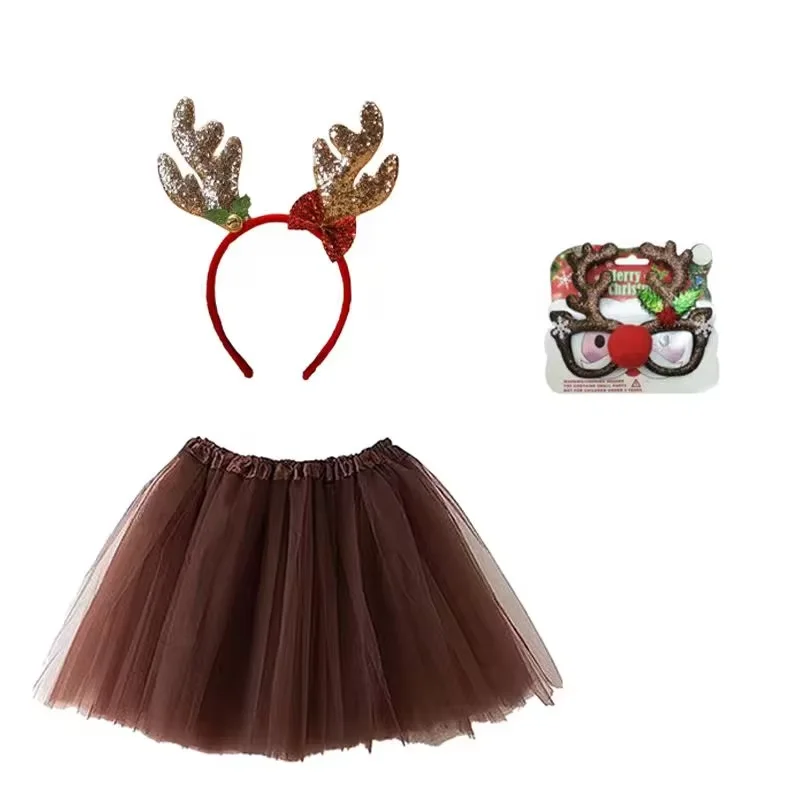 PESENAR Girls Reindeer Costume with Antler Headband Costume Tutu, Animal Dress Up for Halloween Christmas Safari Birthday