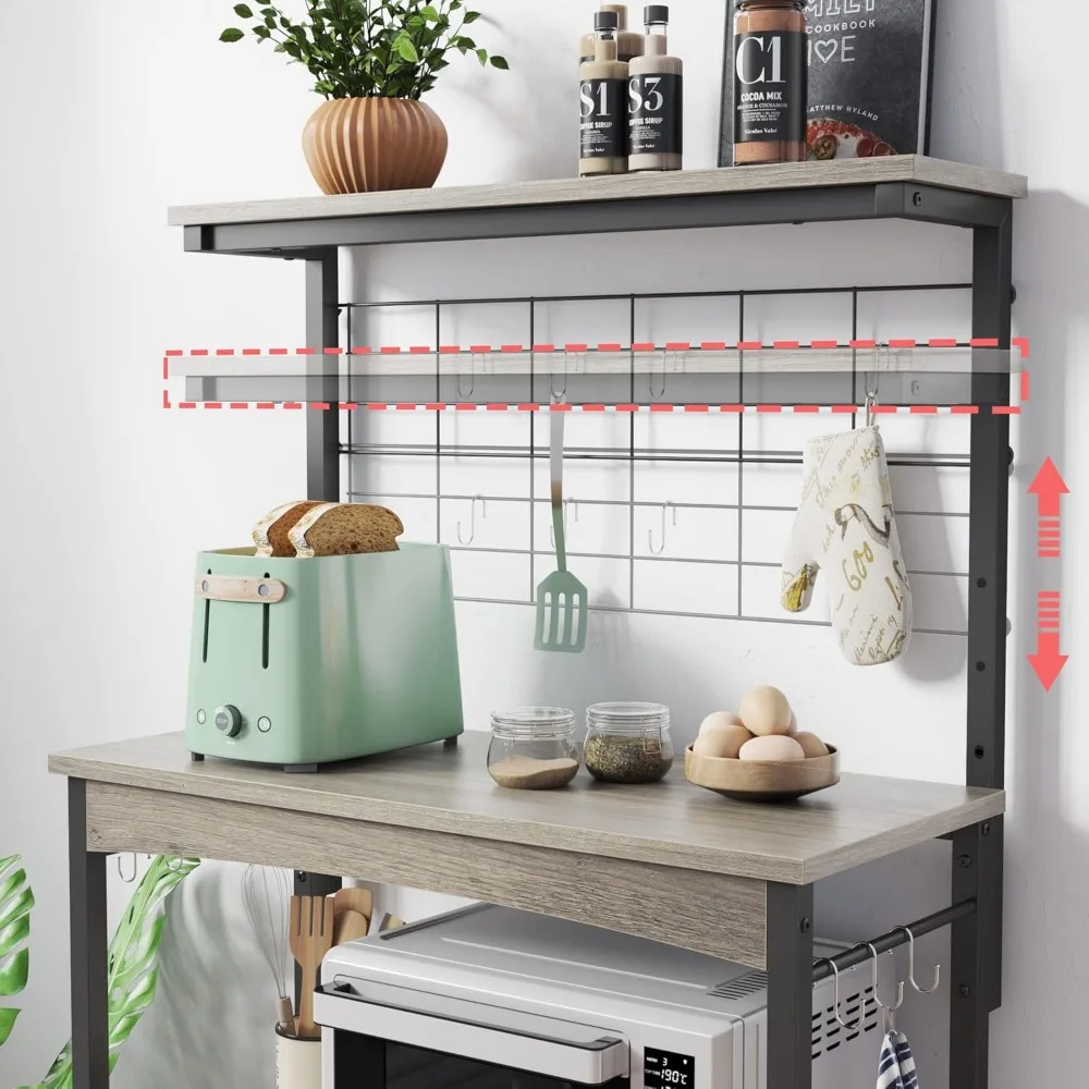 Height-Adjustable Kitchen Bakers Rack with Storage Cabinet and Wheels for Industrial Rolling, Ideal for Microwave Stand