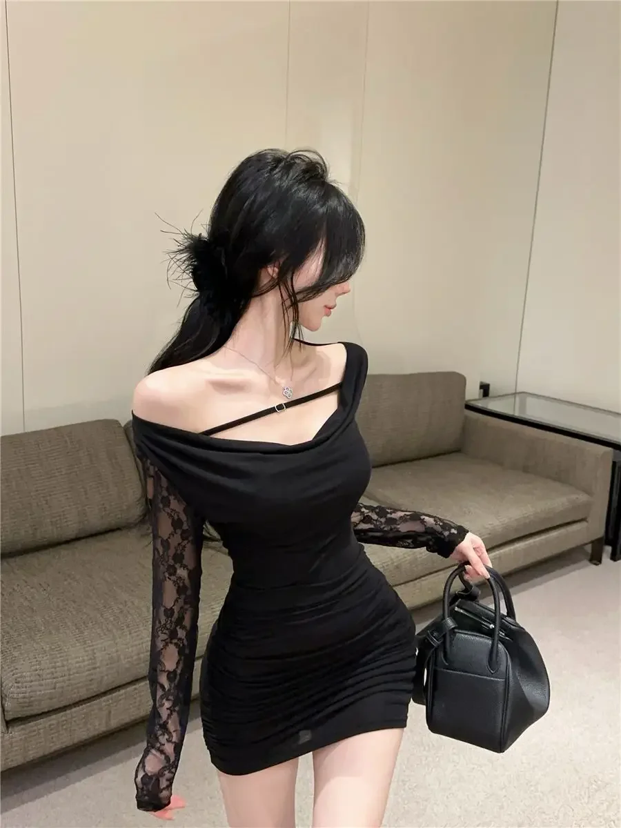 Seksowna sukienka Hotsweet koronkowy patchwork kołnierzyk z kołnierzykiem Off ramię Mini sukienki damskie czarne Bodycon Vestidos Femme