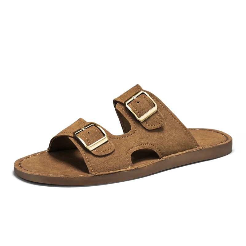 

Men's Dual Adjustable Buckle Suede Slide Sandals Flat Open Toe Non Slip Casual Summer Beach Slippers Slip on Comfort Walking