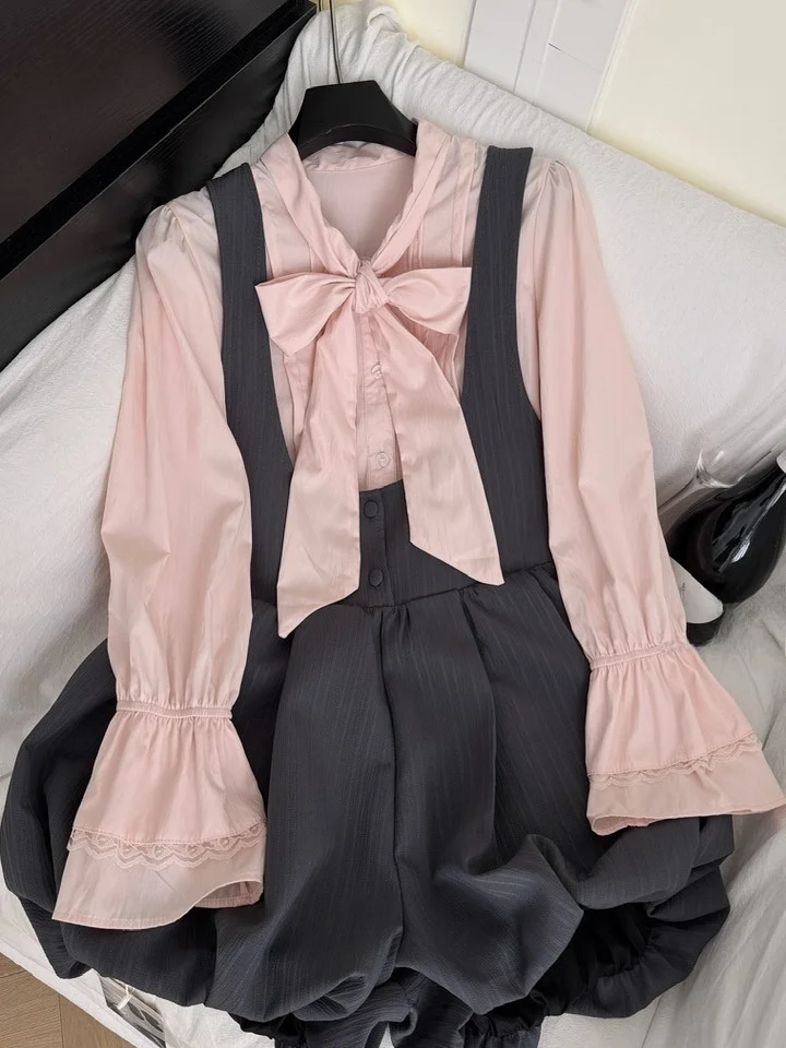 

Ele Winter Outfit Женский комплект Long Sve irt And orts с галстуком-бабочкой на талии и V-образным узлом