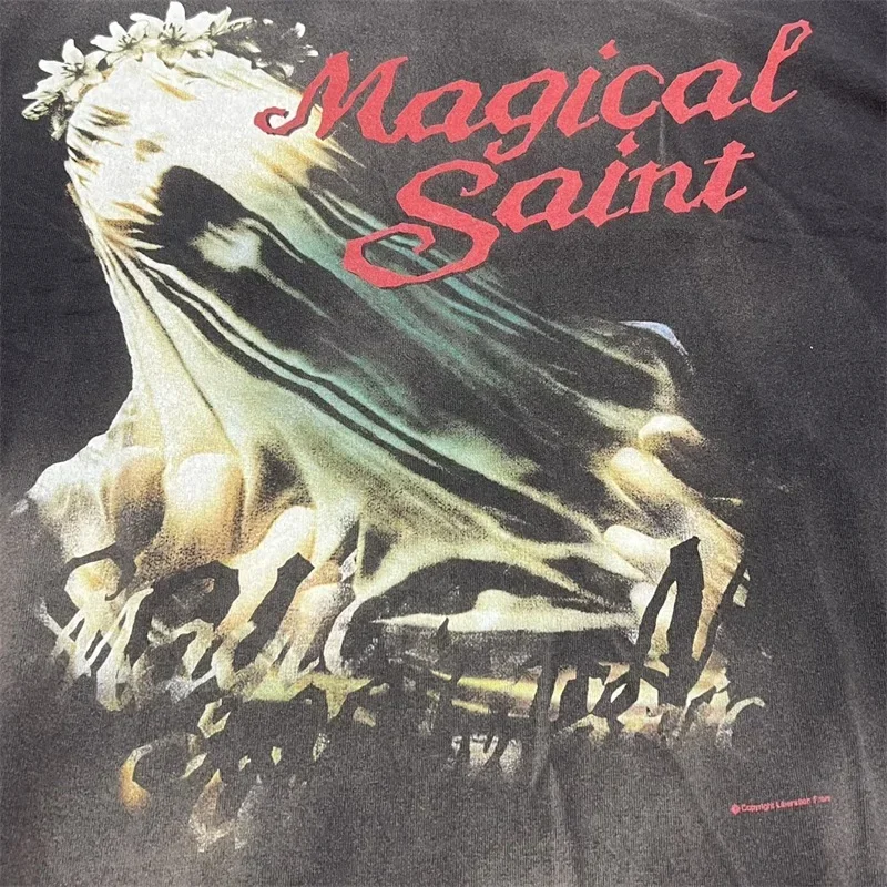 25SS SAINT MICHAEL Pure Cotton T-Shirts Men Women 1:1 Best Quality MAGICAL SAINT Print Washed Black Short Sleeves