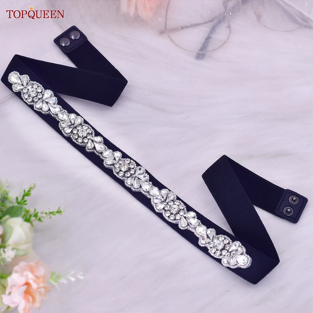 TOPQUEEN เข็มขัดยืดสีดํายืดหยุ่นสูงแฟชั่นผู้หญิงชุดตกแต่งด้วยRhinestone Elegant Unique Sparklyปุ่มDecora