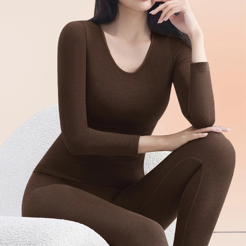 1set Women Thermal Slimming Underwear Suit Lady Warm Long Sleeves Set Elasticity Autumn Winter Female Round Collar Top and Pants