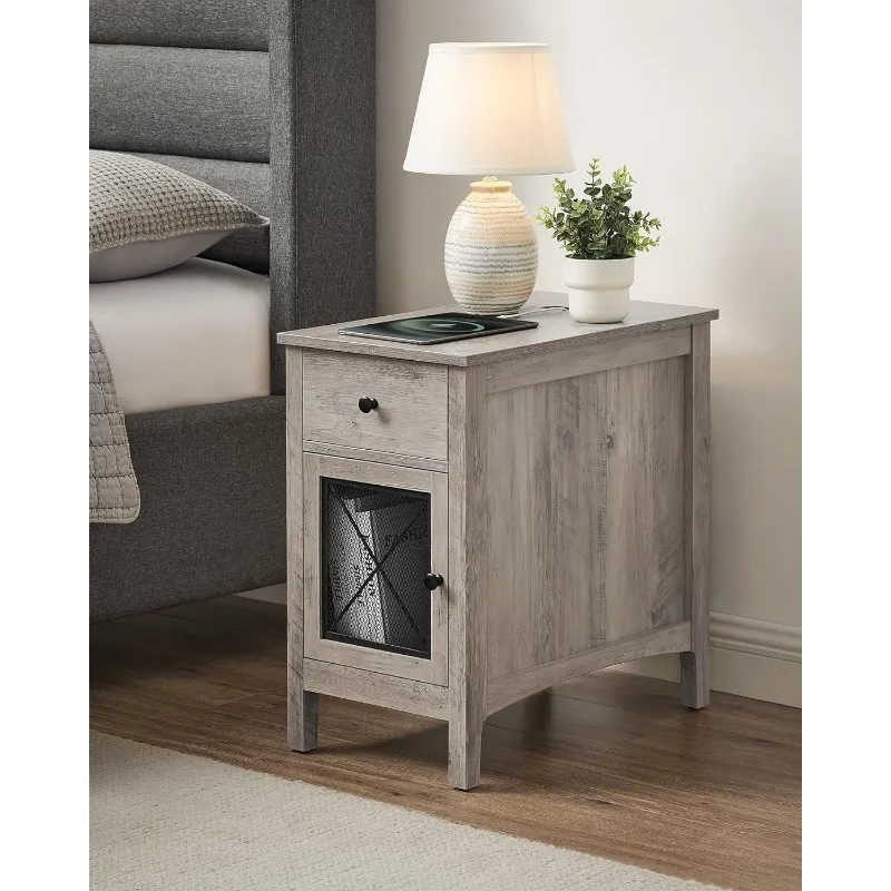 Side Table with Storage, End Table with USB Ports and Outlets, Nightstand with Charging Station, Drawer, Storage Cabinet