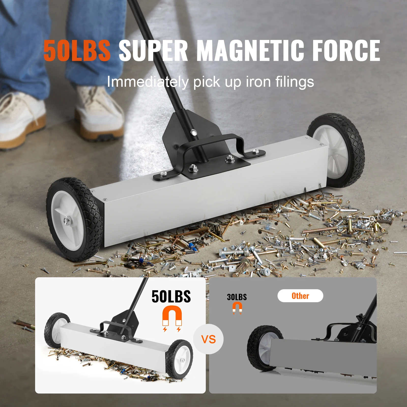 50Lbs Rolling Magnetic Sweeper With Wheels, Push-Type Magnetic Pick Up Sweeper, 24-inch Large Magnet Pickup Lawn Sweeper