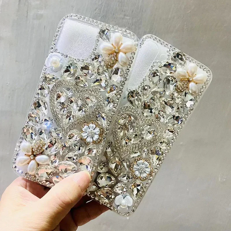 

Luxury Diamond Love Heart Case for Samsung Galaxy, Rhinestone, Pearl Flowers, Crystal Cover, S24, S21, S20, S22, 23Ultra, Note20