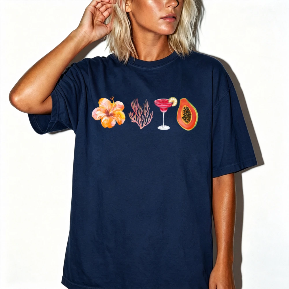 Tropical Hibiscus Coral Cocktail Papaya Watercolor Print T Shirt Women Beach Vacation Fruit Drink Floral Short Sleeve Casual Top