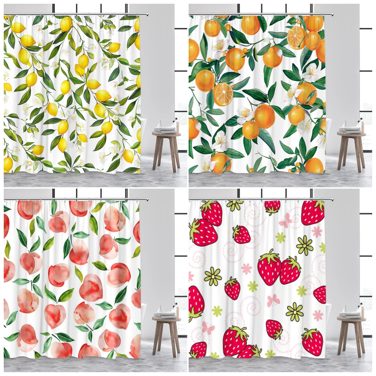 Tropical Fruits Shower Curtains Orange Lemon Peach Strawberry Watercolour Floral Leaves Modern Polyester Bathroom Curtain Decor