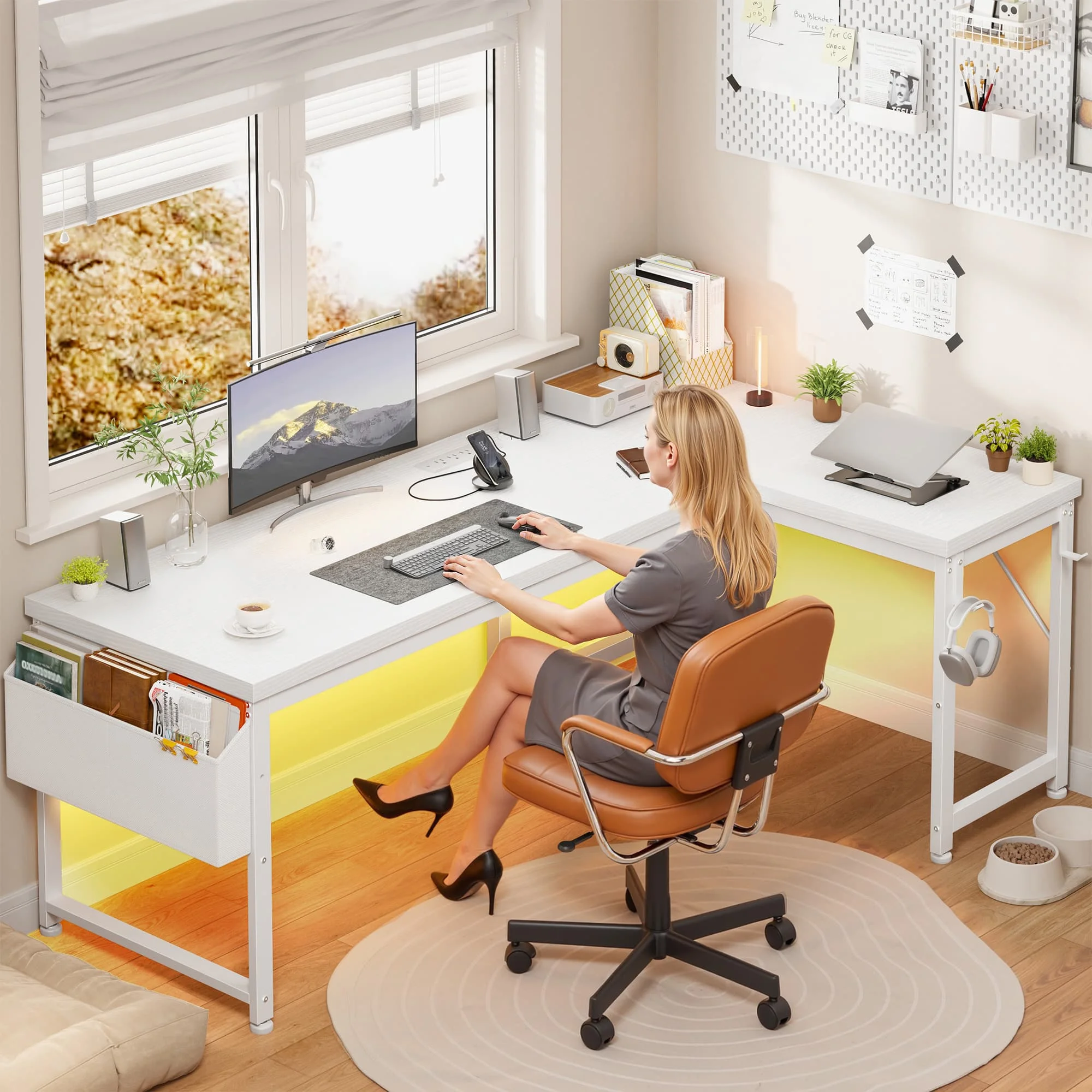 EnHomee 63“ Reversible L Shaped Desk Thick Desktop Gaming Desk with LED Light Power Outlet Cable Management Heavy Duty Stable Computer Desk Home Office Study Desk for Bedroom Game Room