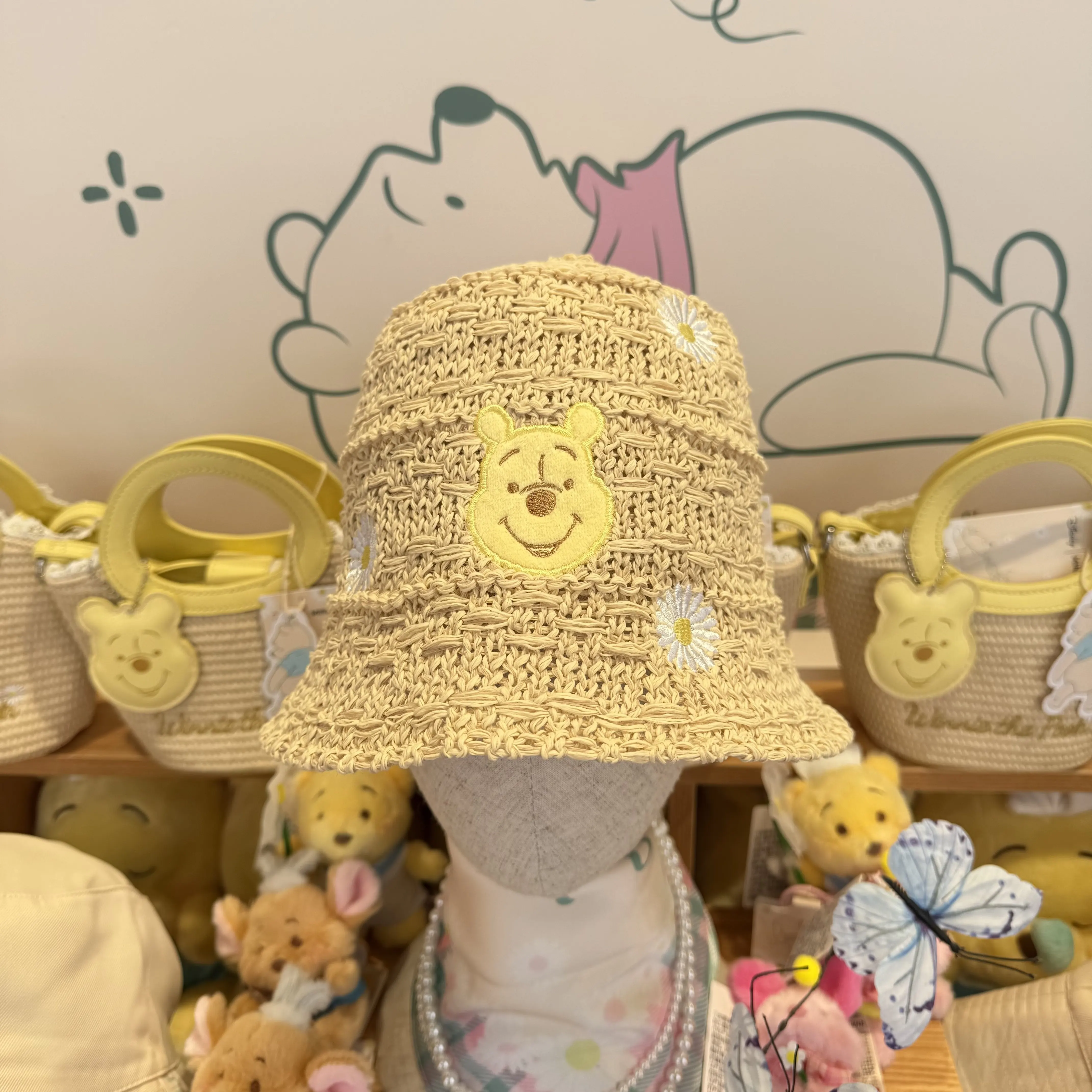 

Disney Winnie the Pooh Daisy Series Woven Straw Hat Cute Cartoon Summer Sun Hat Beach Cap Outdoor Wide Brim Floppy Holiday