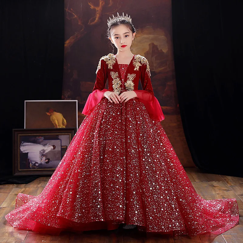 

New Red Children Girls Party Dress Puffy Tulle Princess Gown for Host Birthday Stage Performance Fashion Show Dresses Costumes