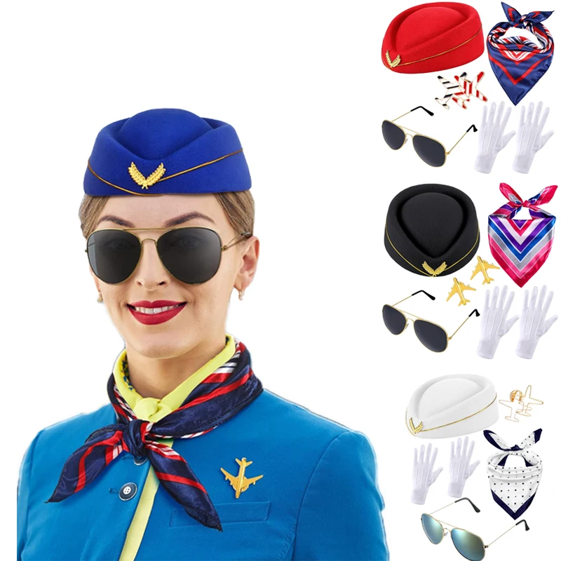 

New Women's Halloween Flight Attendant Cosplay Costume Accessories Stewardess Hat Sunglasses Scarf Gloves Suit Masquerade Props