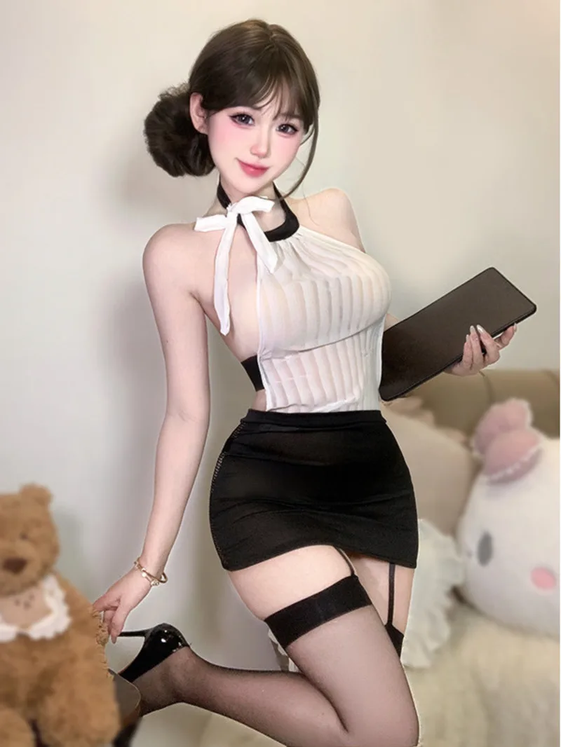 

Sexy Tight Hip Hugging Skirt Sets Pure Desire Secretary Seductive Transparent Hollowed Out Backless Sleeveless Skirt Sets L5YC