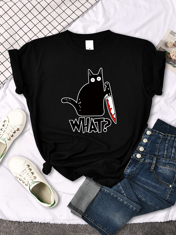 Woman T-Shirt Little Black Cat And Knife Women's T-Shirts Hip Hop Harajuku T Shirts For Woman Short Sleeve Fashion Tee Shirts