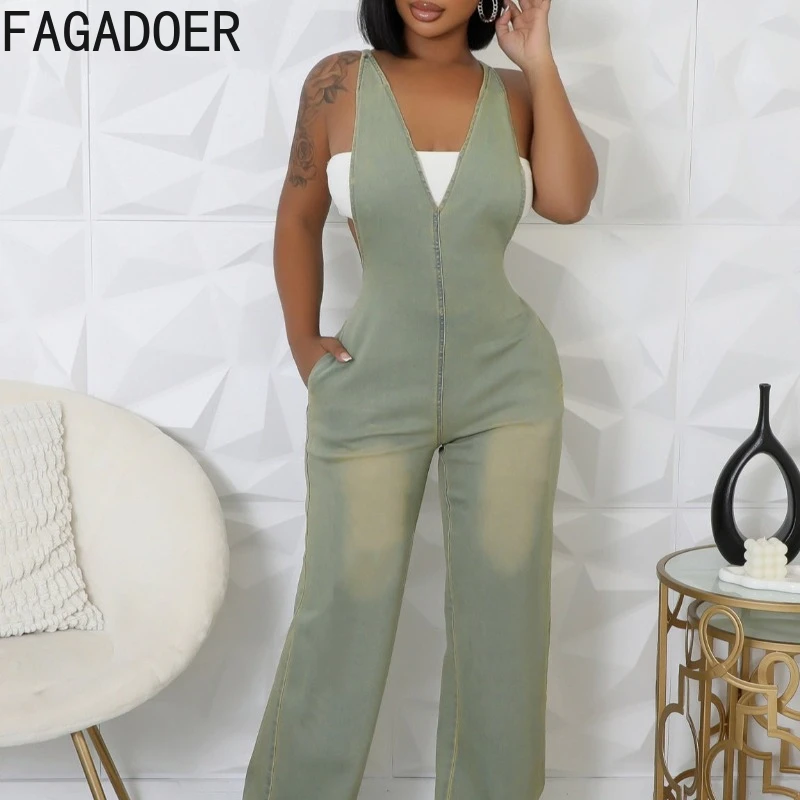 FAGADOER Retro Fashion Spaghetti Strap Denim Jumpsuits Women Sleeveless Backless Straight Leg Pants Jean Rompers Female Overalls