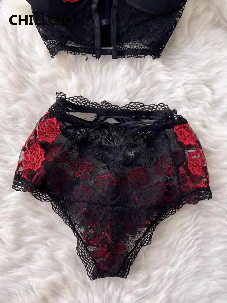 CHILLGIO Women Embroidery Floral Bra Brief Suits Vintage Tight Underwear Underwire Push Up Sexy Two Pieces Intimate Lingerie Set