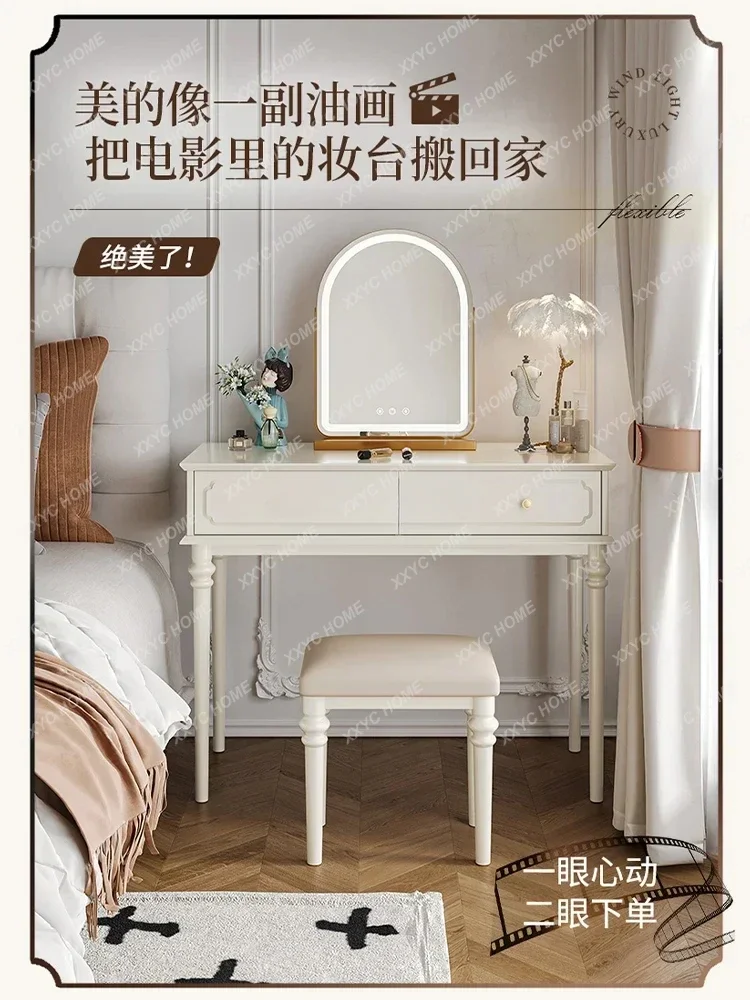 French Cream Style Solid Wood Dressing Table American Princess Style White Bedside Makeup Table