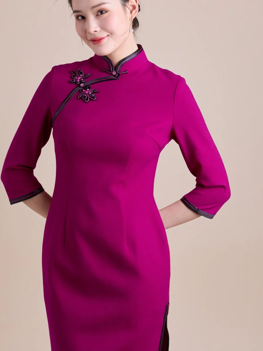 

Handmade Wool ort Qipao Dr Mom's Sle Stand Collar Seven Sve Mid-Length Fro Vintage Chinese Retro Warm Daily Wear