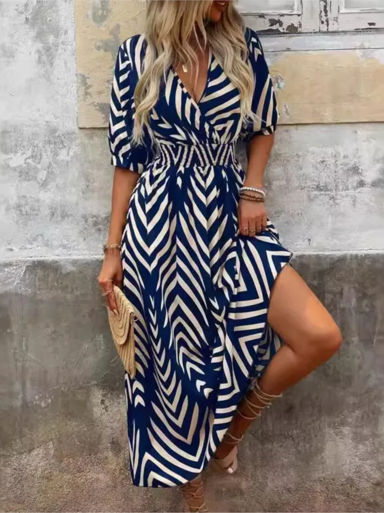 Casual Boho Long Dress For Women Summer Sexy V Neck Short Sleeve High Waist Print Dress Female Elegant Fashion Maxi Vestidos
