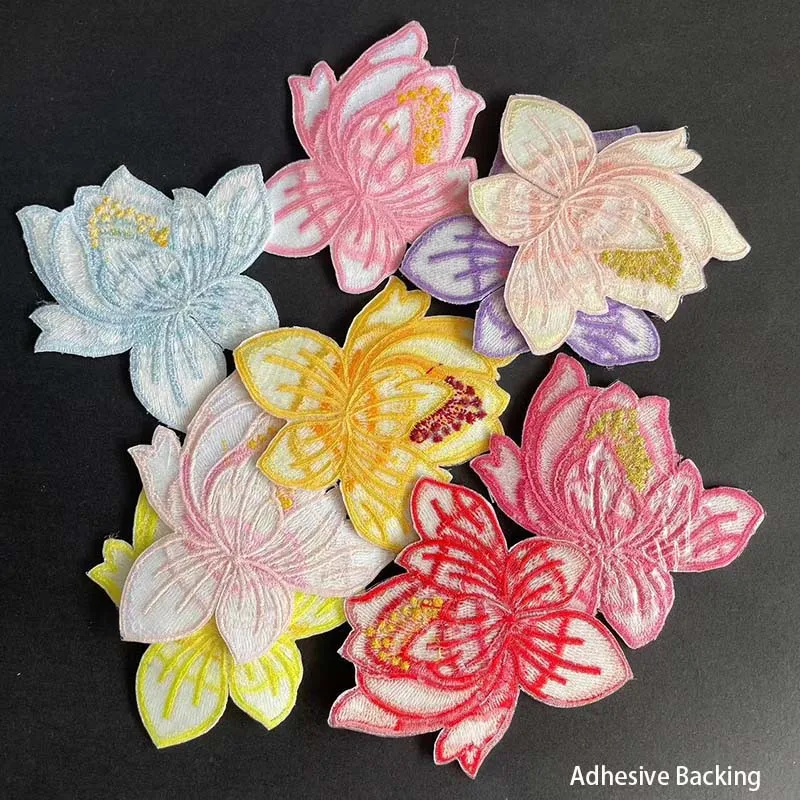 9 Stück, 1 Stück/Lotusblumen-Applikationsaufnäher zum Aufbügeln, Stoffblumen-Stickerei zum Aufbügeln für Kleidung, Kleider, Cheongsam – Detail 4